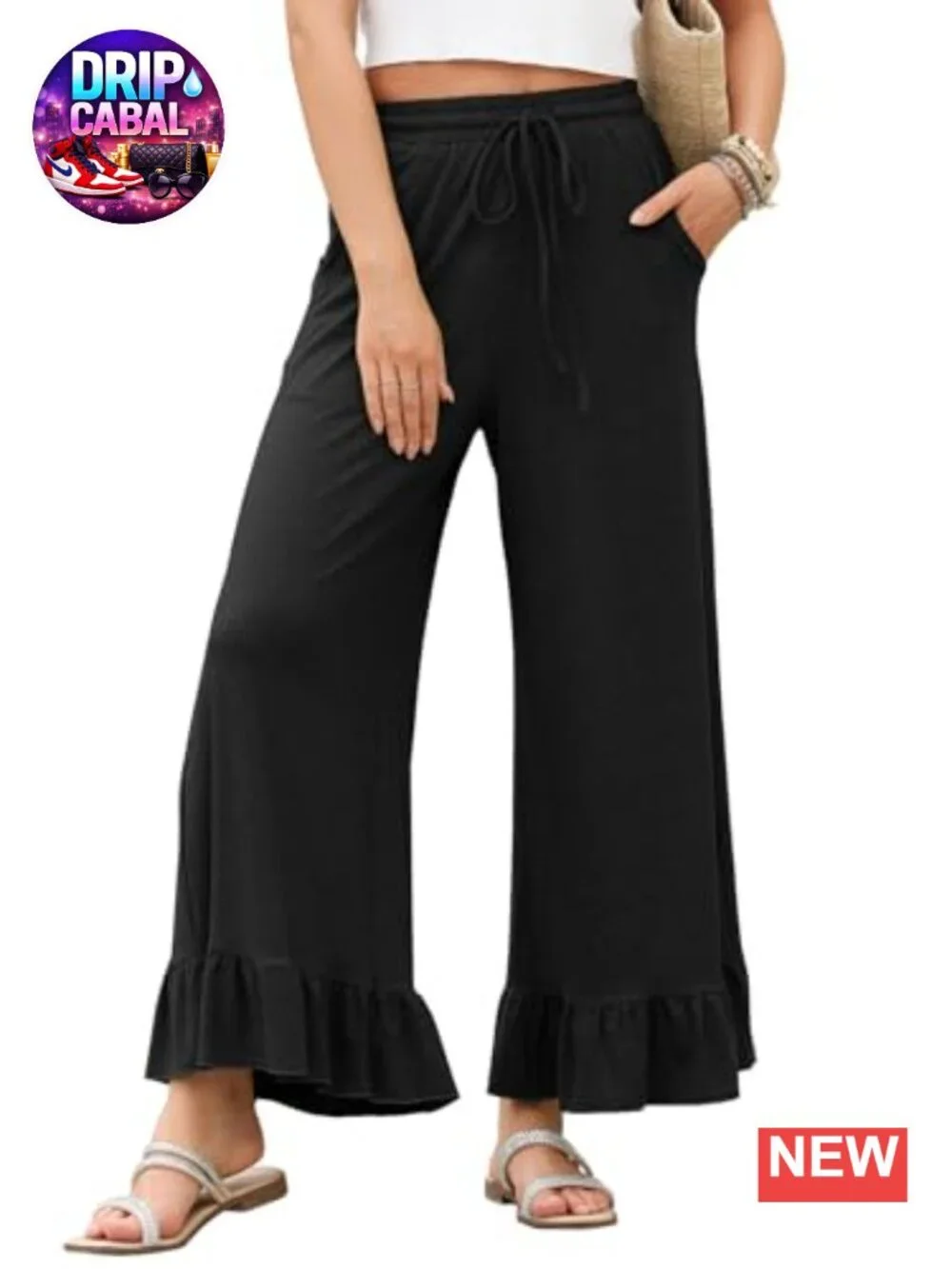 Wide Leg Ruffle Hem Palazzo Pants with Pockets High Waisted Casual Trousers